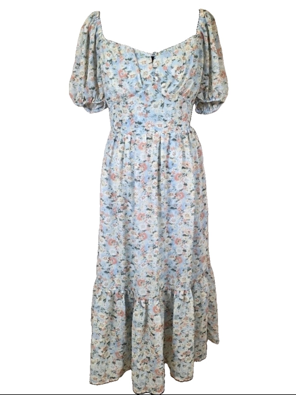 And Now This Floral Puff Sleeve Milkmaid Cottagecore Prairie Midi  Dress Sz L
